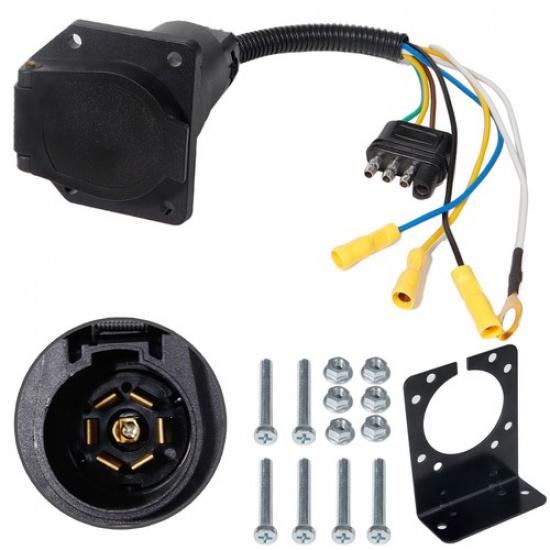 

4 Pin Flat to 7 Way Round Adapter Wiring Plug Mounting Bracket RV Trailer Truck