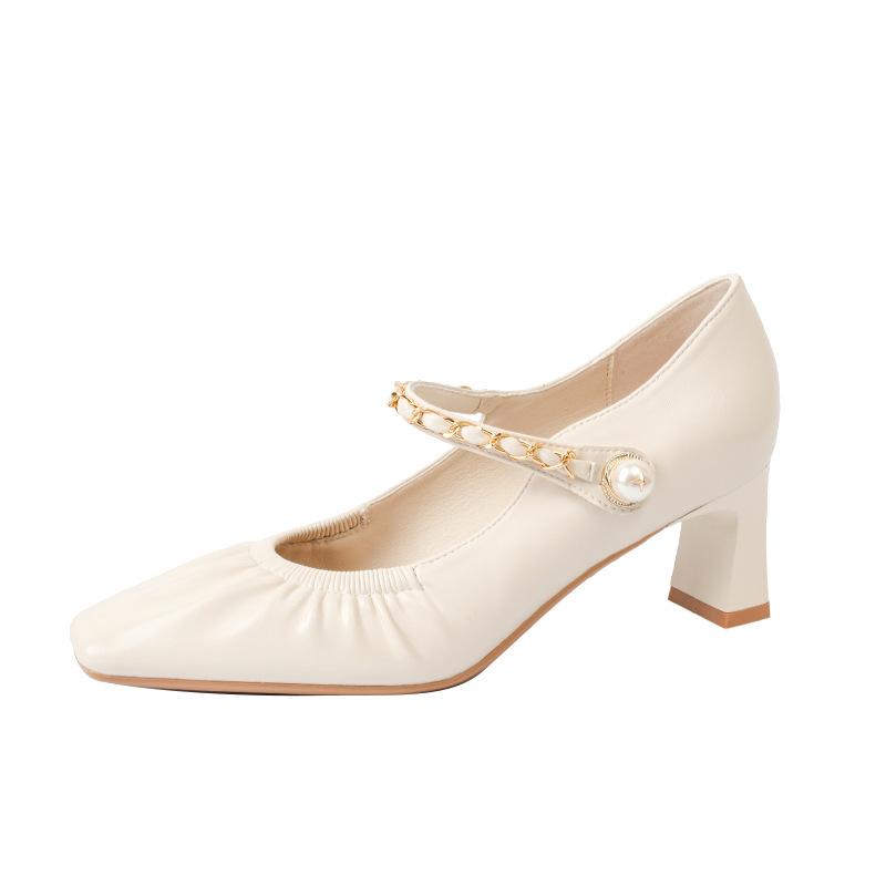 Leather Retro Pleated Square Head Mary Jane Shoes Women's Word with Chain Thick Heel Single Shoes