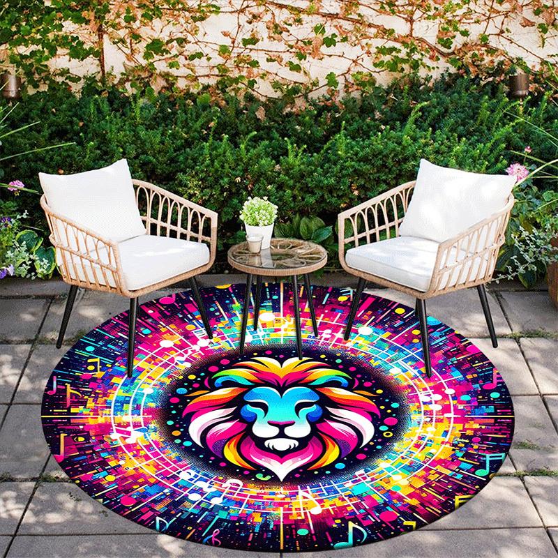 1pc Soft, Absorbent & Non Slip Music and Colorful Lions Round Rug Soft Circle Rug for Living Room & Bedroom Decor, Chair Mats, and Unforgett