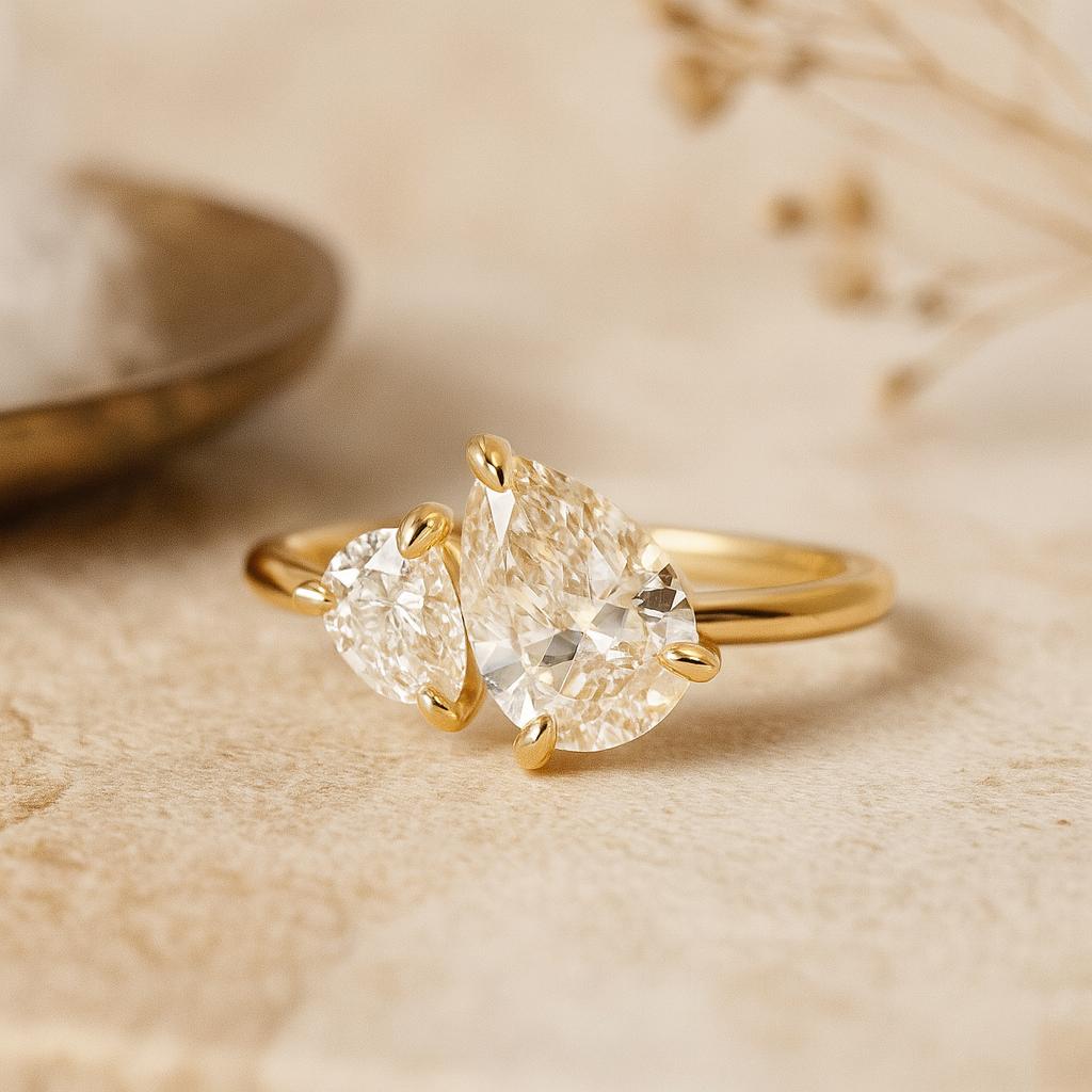 Two Stone Pear Cut Ring, Yellow Gold Plated 925 Sterling Silver, Bypass Engagement Jewelry, Anniversary Gift for Her