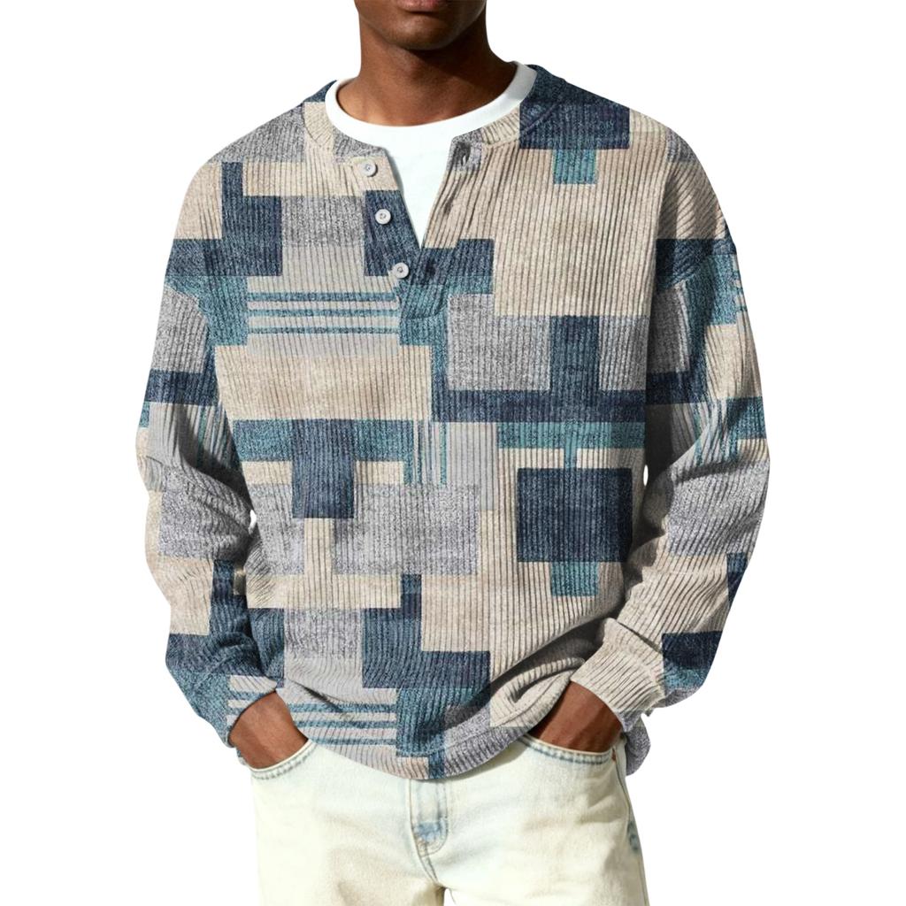 Męski sweter z dzianiny prążkowanej z długim rękawem, z kołnierzykiem zapinanym na guziki