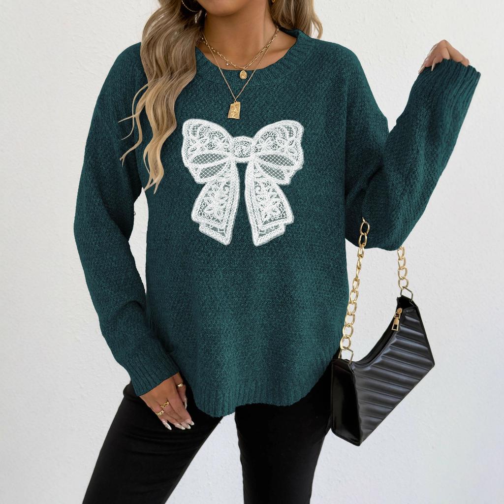 Women S Round Neck Long Sleeve Pullover Sweater Featuring Embroidered Lace Butterfly Splicing