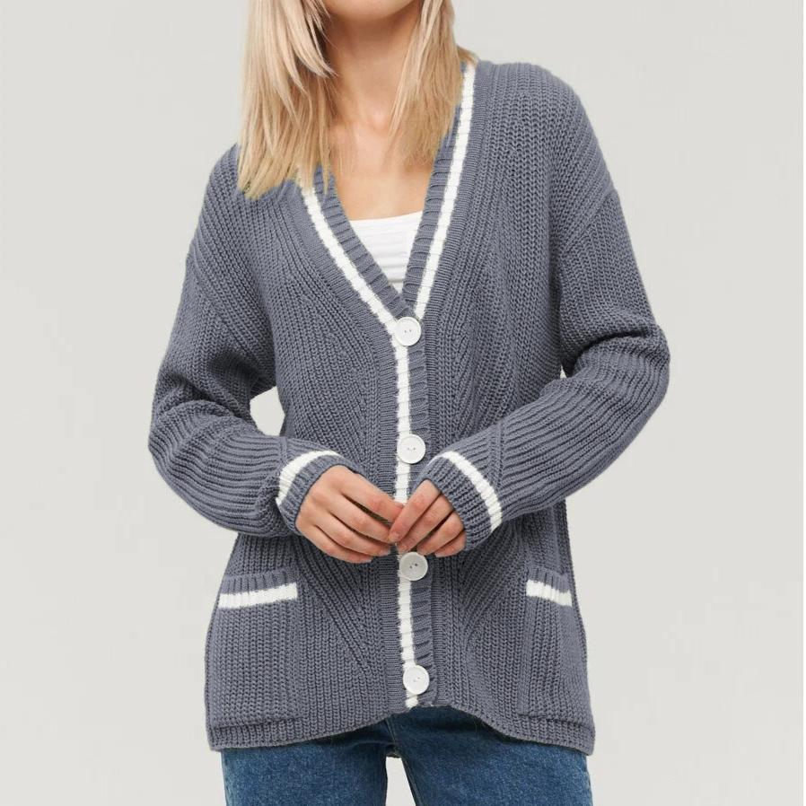 women's Knitted cardigan sweater autumn winter versatile V-neck pocket color matching knitted long-sleeved sweaters jacket women