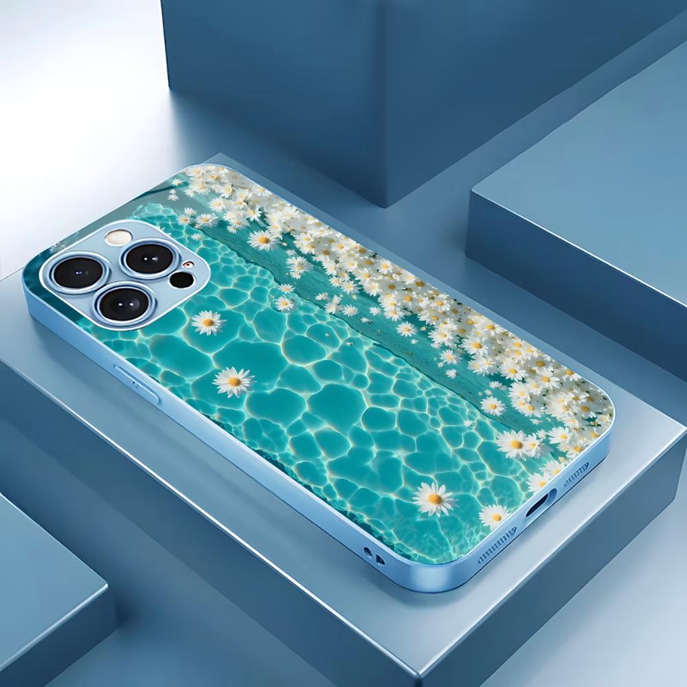 Turquoise Water with White Daisies for iphone 17 case for coque iphone Case fundas Glass for iPhone 17 16 15 14 13 12pm Pro Plus