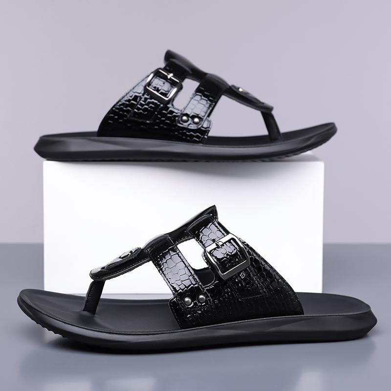 Men Black Leather Slippers Simple Flats Summer White Flip Flops Outdoor Sandals Blue Open Toe Beach Shoes Plus Size