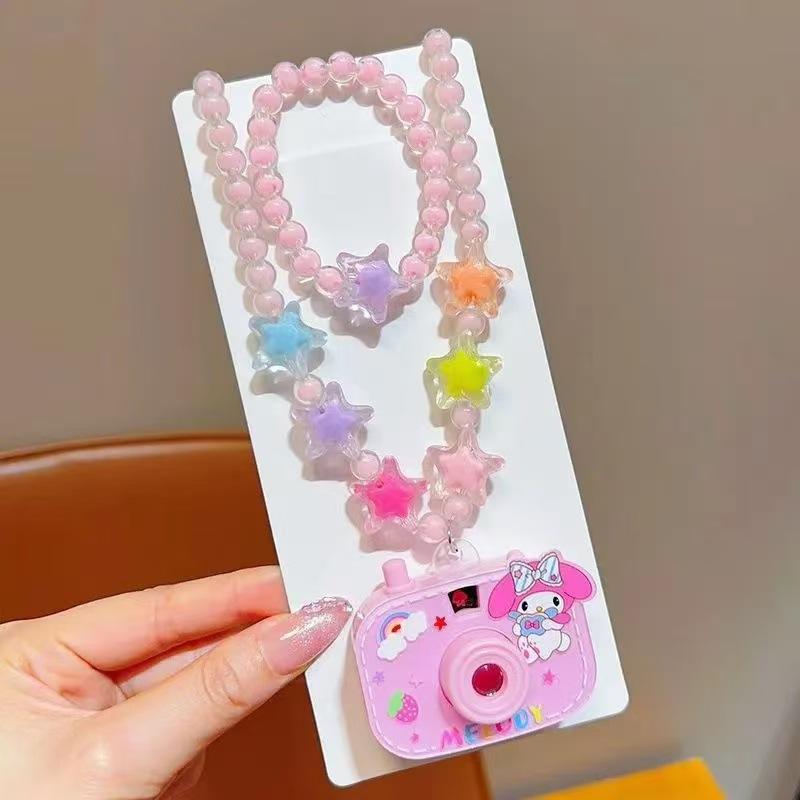 2Pcs Cute Glowing Toy Cartoon Sanrio Kuromi Children Projection Camera Beaded Necklace Bracelet Jewelry Girl Birthday Gift