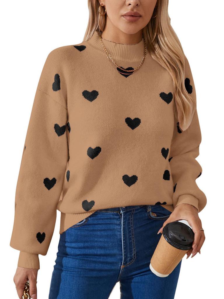Heart Jacquard Round Neck Pullover Sweater for Women - Autumn/Winter Valentine's Day Style