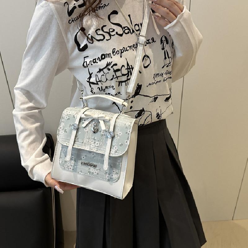 Sweet Splicing Print Design Bow And Lace Decoration Women Casual Shoulder Bags