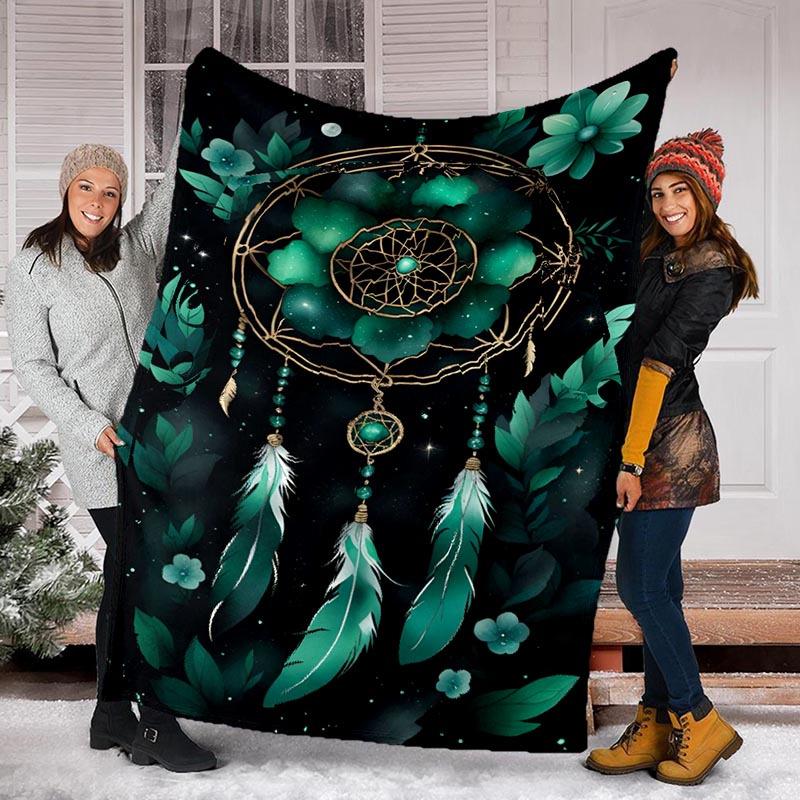 1pc Green Dream Catcher Printing Lightweight Flannel Blanket, Comfortable and Warm Blanket, for Camping Sofa Bed and Couch Office, Suitable f