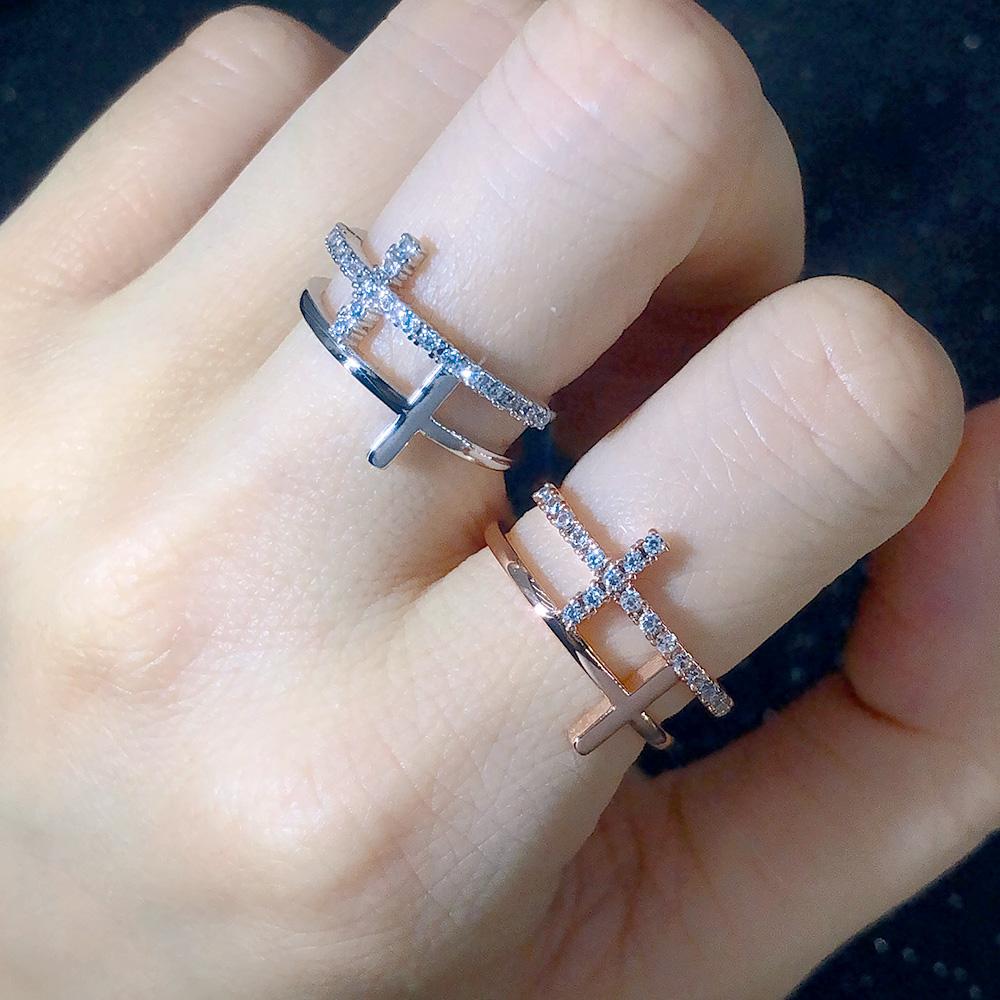 Double Cross Rings for Women Minimalist Cubic Zirconia Rose Gold Finger Accessories Female Jewelry Large Size R758
