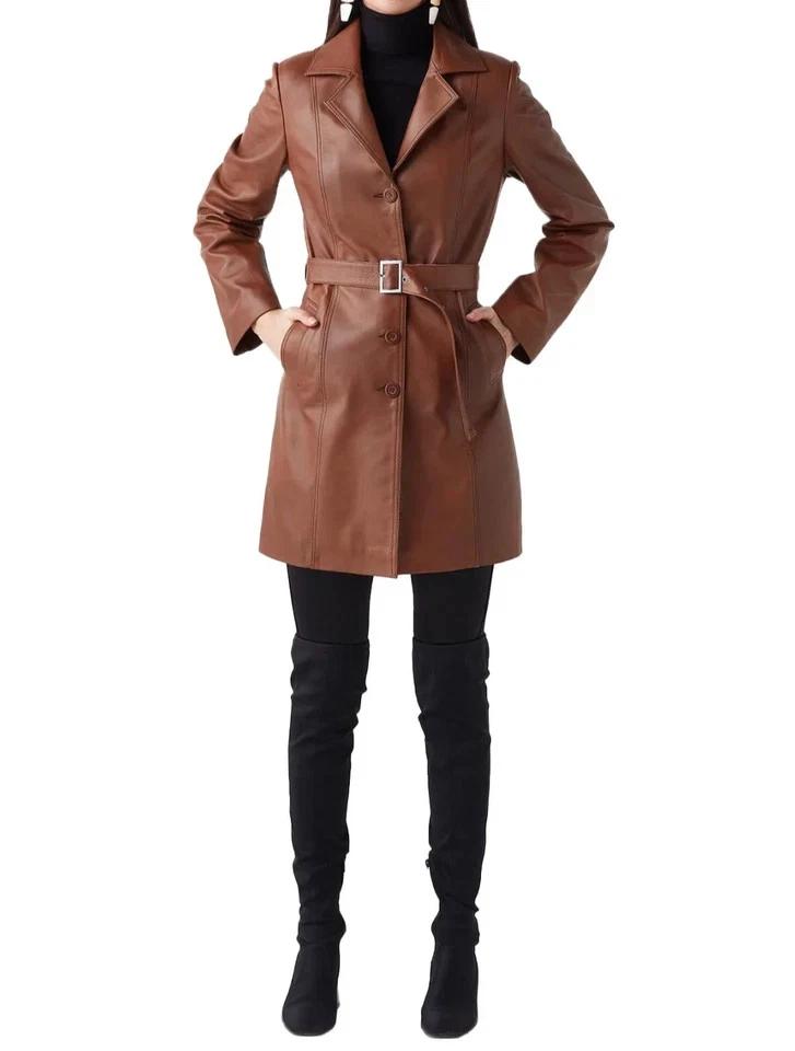 

Casual Stylish Coat Handmade Lambskin Women Trench Brown Belted Leather Genuine 3XL