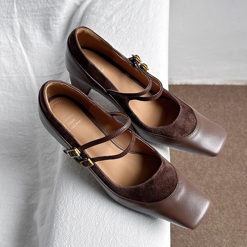 Kara Women's Shoes~ Black Professional High Heels Versatile Splicing Square Head Mary Jane Women's Shoes Double-breasted Thick Heel Single Shoes