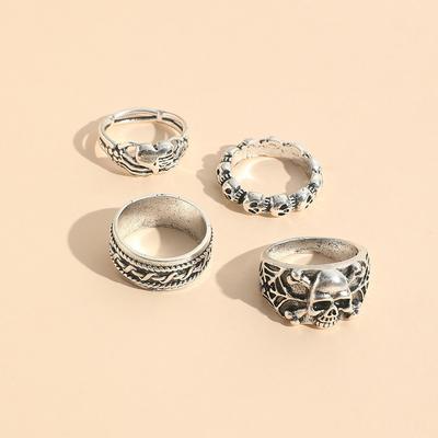 4PCS Gothic Trendy Jewelry Silver Color Skull Finger Rings for Women  Punk Heart Butterfly Boho Ring