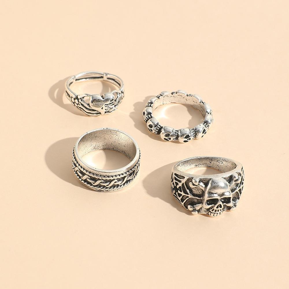 4PCS Gothic Trendy Jewelry Silver Color Skull Finger Rings for Women Punk Heart Butterfly Boho Ring
