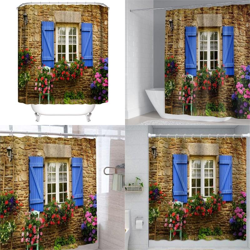 Polyester Printed Bathroom Shower Curtain With Modern Window Design