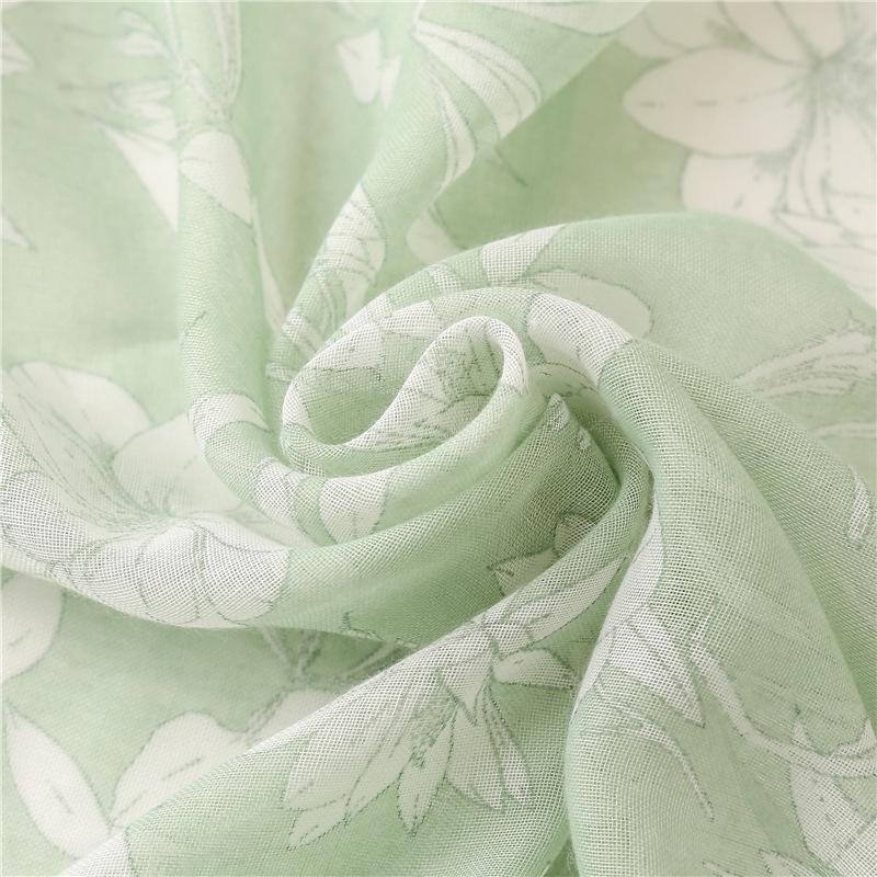 Yitao Women's Light Green Floral Cotton Linen Scarf with Tassels