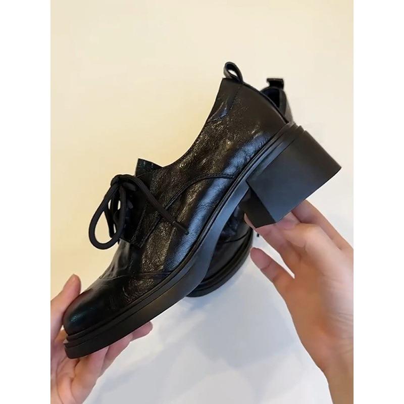 Washed cowhide~ British retro leather round head lace-up commuting versatile thick heel small leather shoes women's single shoes