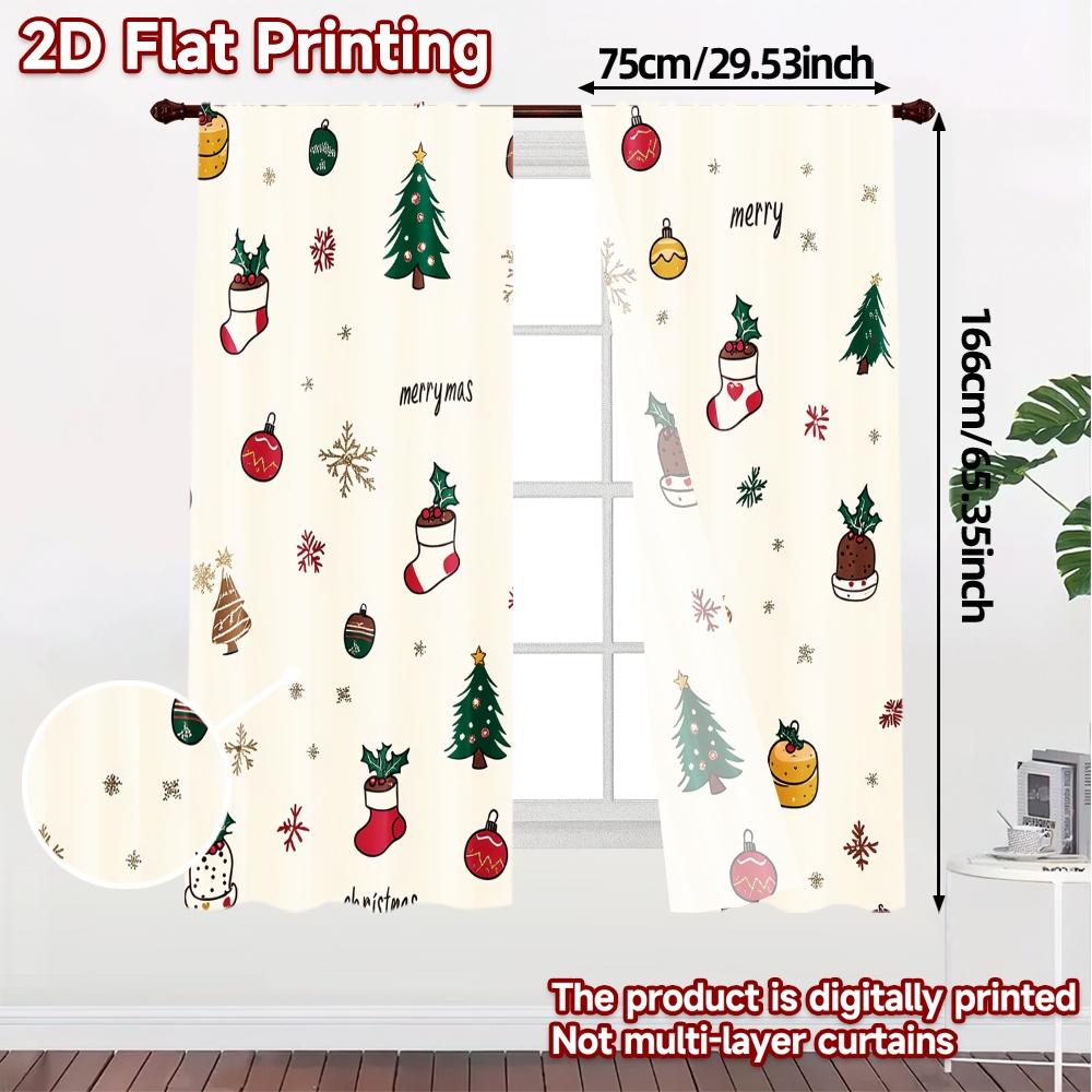 2pcs,Curtains Christmas Ornaments Trees Holly Jingles Popular Print Curtains Versatile Durable Polyester Curtains Versatile All