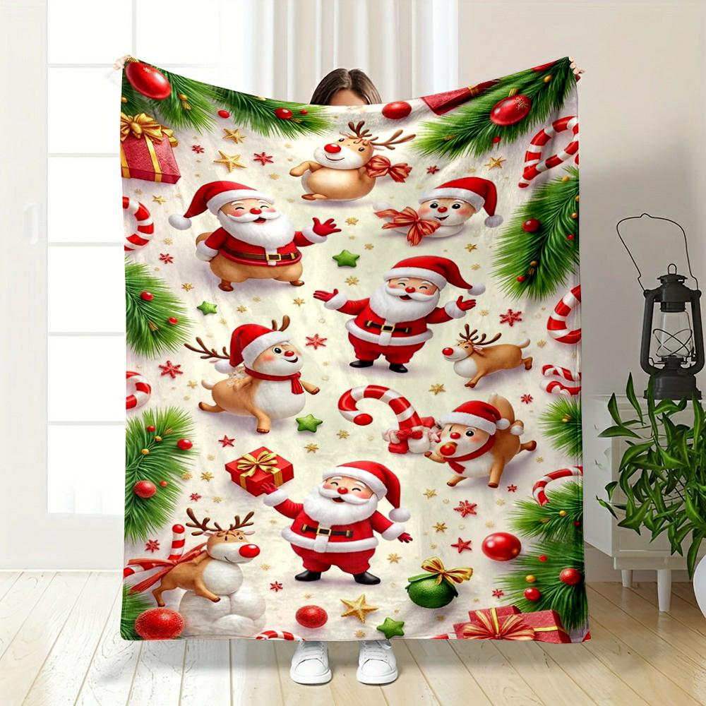 Christmas Santa and Reindeer Festive Pattern Flannel blanket for bedroom, living room, sofa, and nap