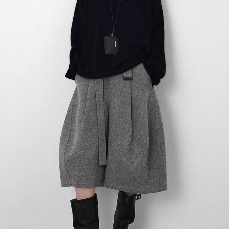 Autumn Winter Fashion Woolen Cropped Pants Women High Waisted Pleated Wide Leg Pants Solid Color Office Lady Belt Trousers