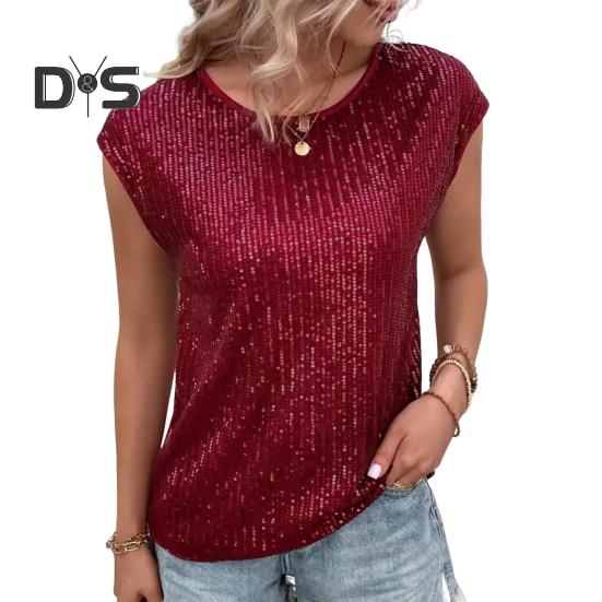 Camiseta de mujer con cuello redondo, sin mangas, holgada, con lentejuelas brillantes, informal, de corte regular, para uso diario