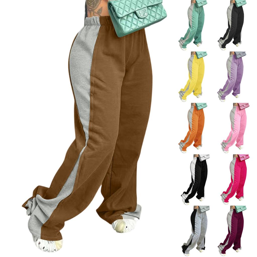 Women's Fashionable Color Blocked Elastic Waistband Versatile Straight Leg Casual Sweatpants Pants