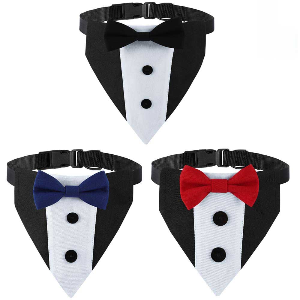 Dog Tuxedo Costume Wedding Bandana Nylon Collar Suit with Bowtie Adjustable Black Tux Formal Dog Suit Pet Birthday Dress Outfits