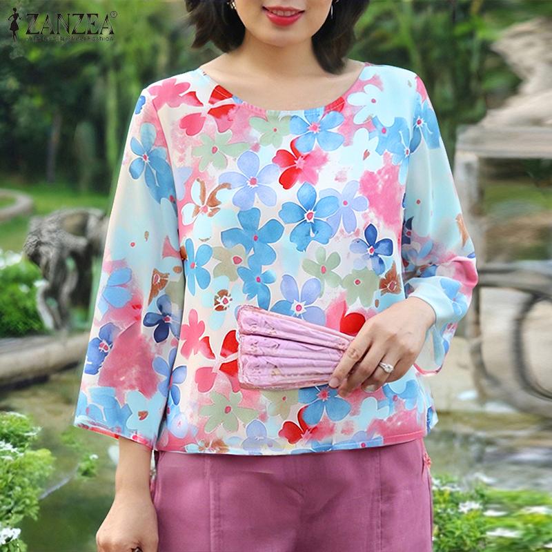 

ZANZEA Women Casual Round Neck 3/4 Sleeve Summer Floral Blouse 5XL рожевий