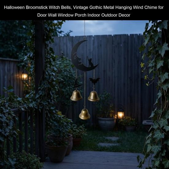Garden Wind Chime Gift Halloween Broomstick Witch Bells, Vintage Gothic Metal Hanging Window Sill Decoration for Door Wall Porch Indoor Outdoor Decor