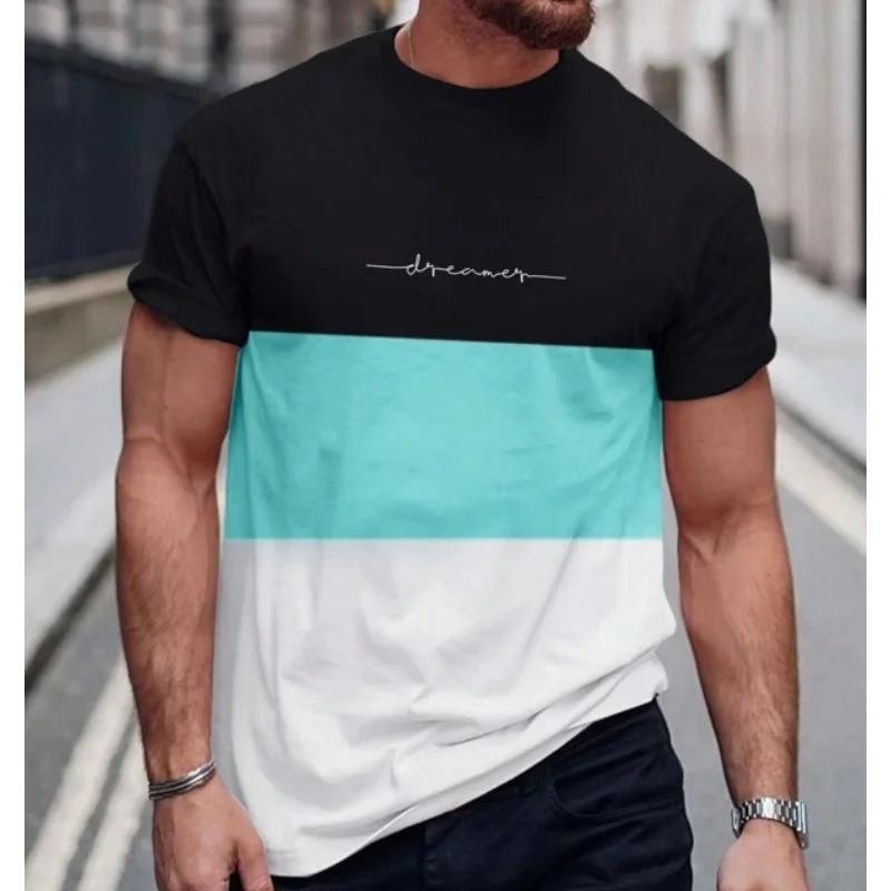 Men Summer New Printed Color Block Short Sleeve Crew Neck T Shirt Casual Contrast Top