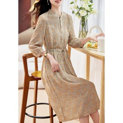Silk Dress Fashion Print Retro Seven-quarter Sleeve Medium and Long  Mulberry Silk Dress