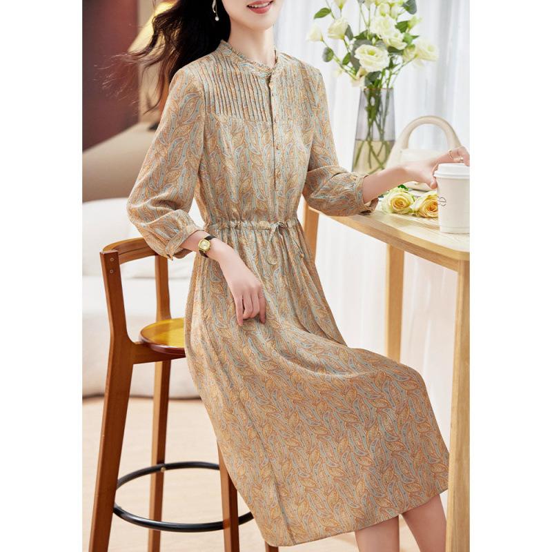 Silk dress fashion print retro seven-quarter sleeve medium and long  mulberry silk dress