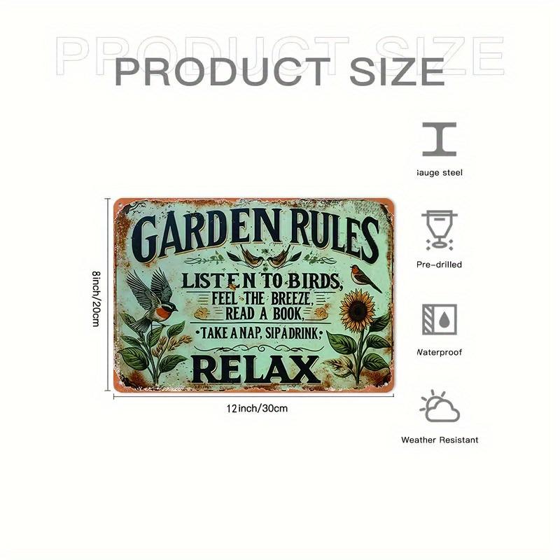 1PC Vintage-Style Garden Rules Tin Sign - Relaxing Quote with Birds, Sunflowers & Butterflies,Durable Metal Wall Art for Outdoor