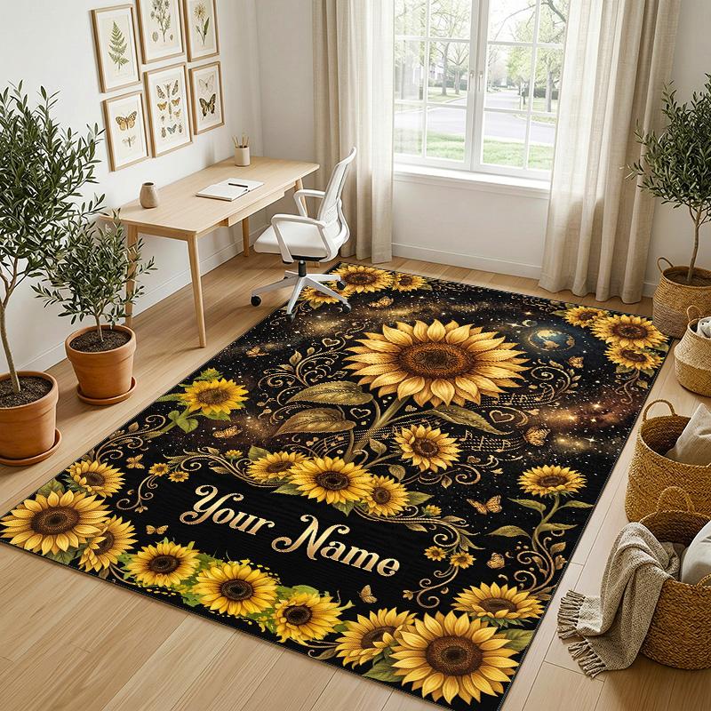 Floral Garden Theme Crystal Velvet Rug Personalized Custom Name Text Soft Floor Mat Home Decor