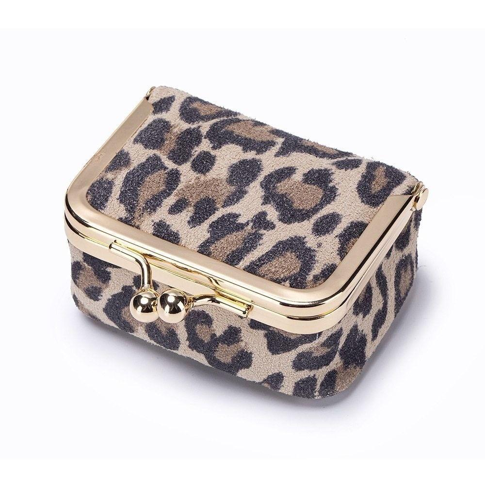 Square Leather Jewelry Bag Leopard Print Small Item Bag Elegant Kiss Lock Coin Purse  Ring
