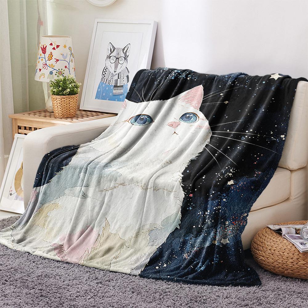 White Cat Print Flannel Blanket, High quality Comfortable for All Seasons, Home Decor, Warmth and Comfort, Perfect for Christmas Gifts