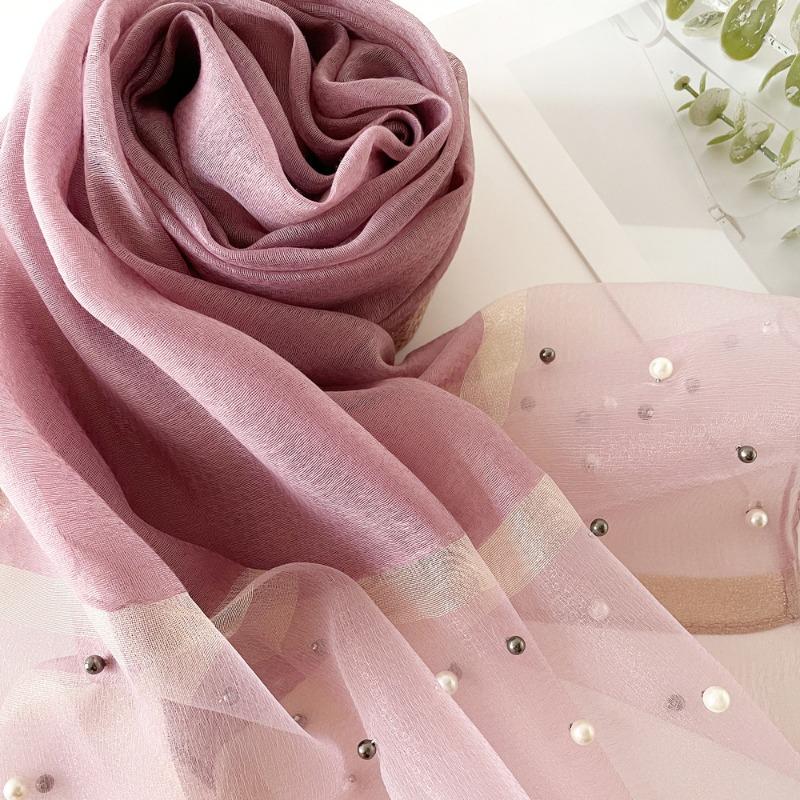 Spring new solid color pearl silk scarf women's imitation silk light large shawl long scarf scarf