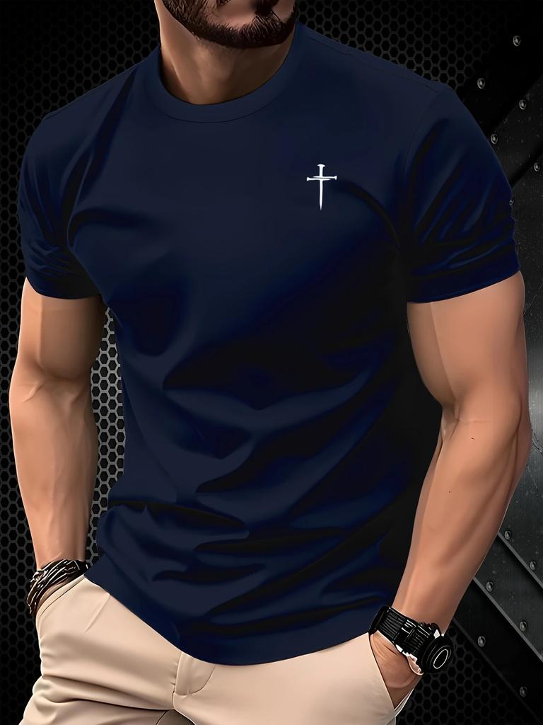 Mens Casual Round Neck Tshirt with Cross Design Summer Top Daily Tshirt Minimalist Style Tshirt Comfortable Fit