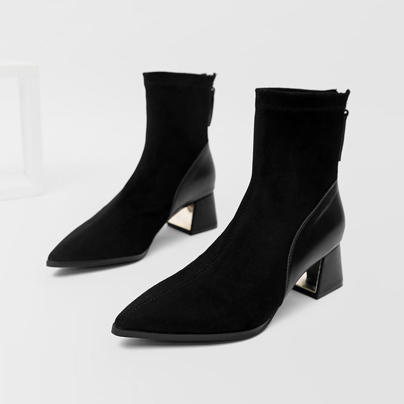 

Autumn and winter new pointed high-heeled short boots custom fashion color matching medium tube thin boots custom women s Korean version single boots 35 чёрный