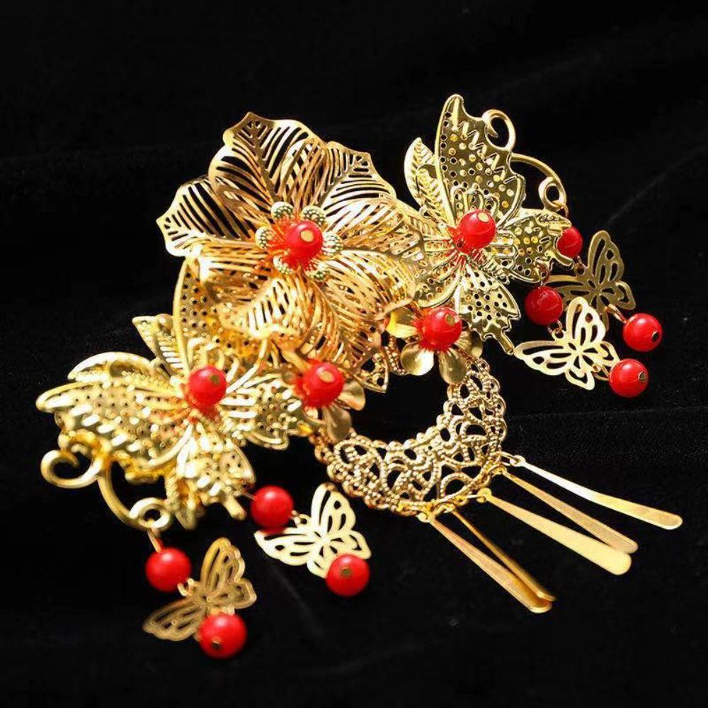

Gem Flower Butterfly Hairstyle Design Tool Hanfu Hairpin Bride Hair Stick Ancient Style Hair Crown F