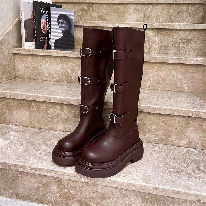 

Новые женские ботфорты Зимние однотонные 2024 Высокое качество Модный дизайнер Средний каблук Уличная женская обувь Botas Mujer 40 коричневый