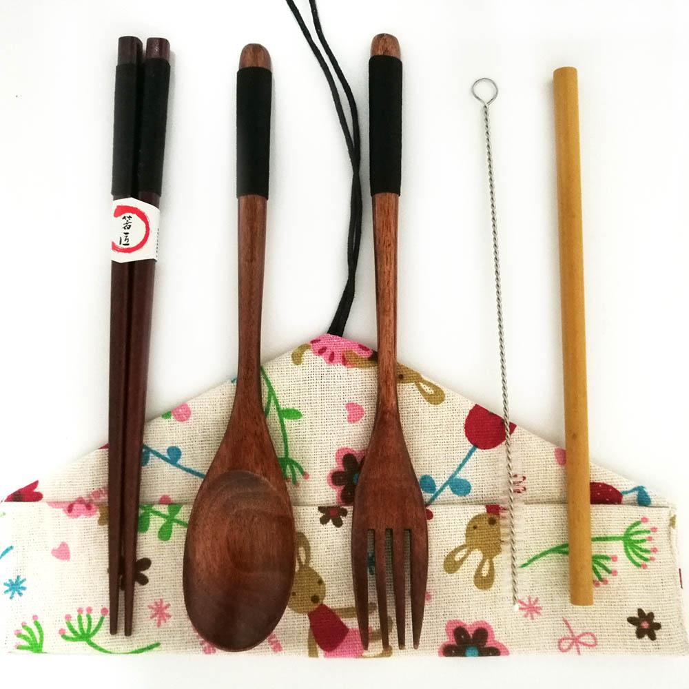 6pc/set Wooden Tableware Set Portable Cutlery Sets with Useful Spoon Fork Chopsticks Travel Gift Dinnerware Suit with Cloth Bag