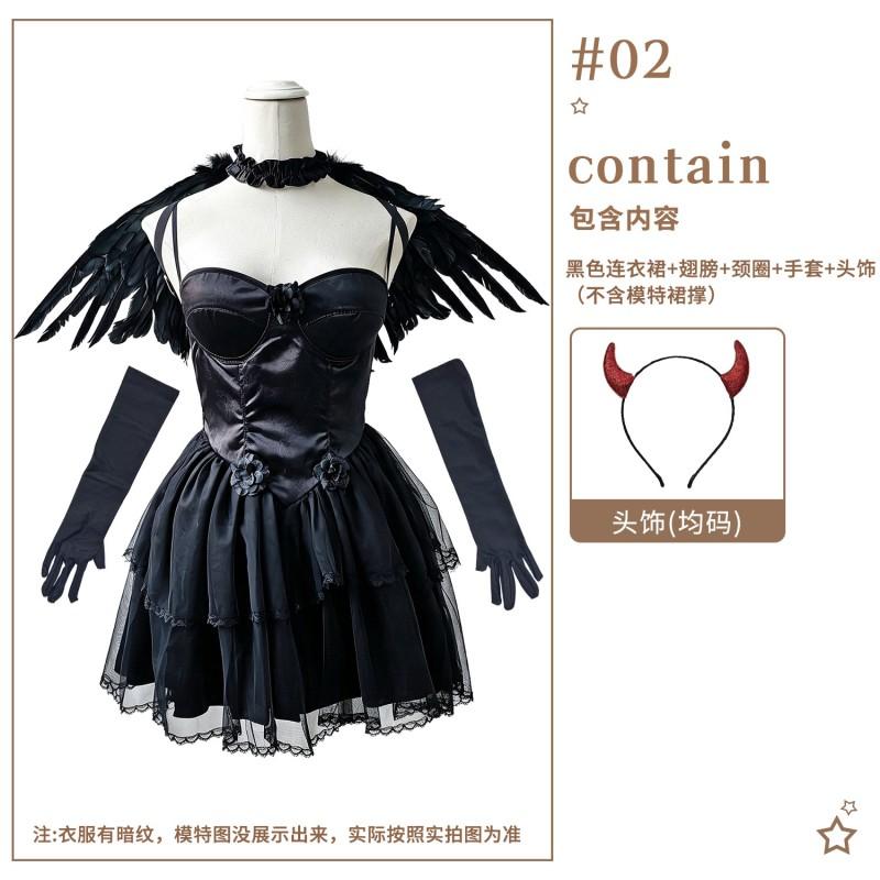 Damen Gothic Halloween Kostümkleid Mit Flügeln Halsstück Handschuhe Engel Oder Dämon Thema Cosplay Outfit