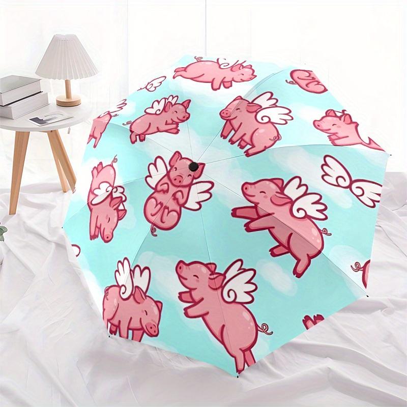 1pc Flying Pigs Automatic Folding Umbrella Portable Collapsible Design, 8-Rib Iron Frame, Durable Fabric, All-Season Casual Outdoor 149