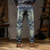 2024 Europäische und amerikanische neue Retro-Distressed-Jeans für Herren, High-End-Distressed-Jeans mit geradem Bein und nostalgischer elastischer Jeanshose
