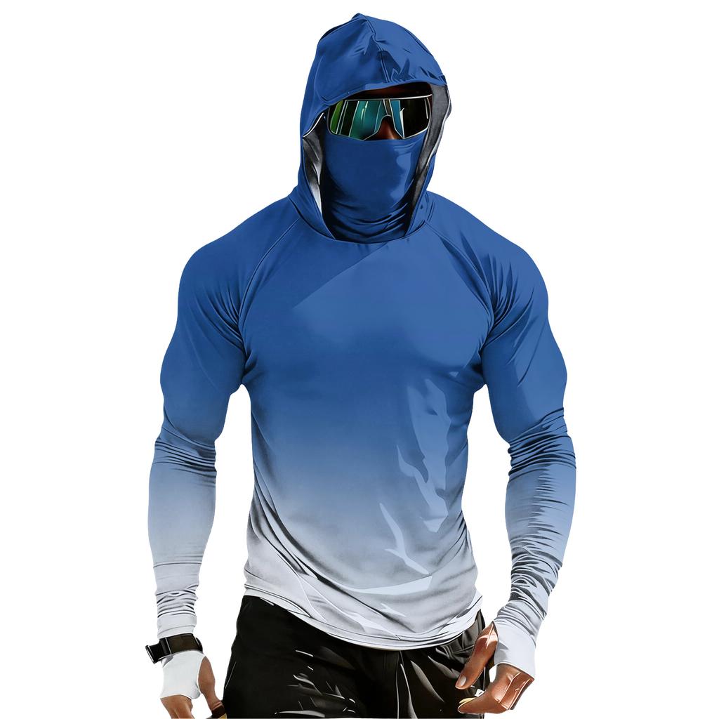 Men Raglan Sleeve Gradient Hooded Long Sleeve Sun Shirt Lightweight Pullover with Thumb Holes for Outdoor Activities