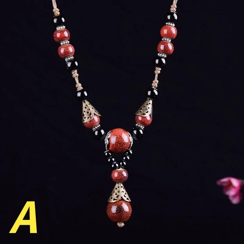 Classical National Style Handmade Ceramic Beads Pendant Sweater Chain Necklace Chinese  New Clothing Necklace for Women