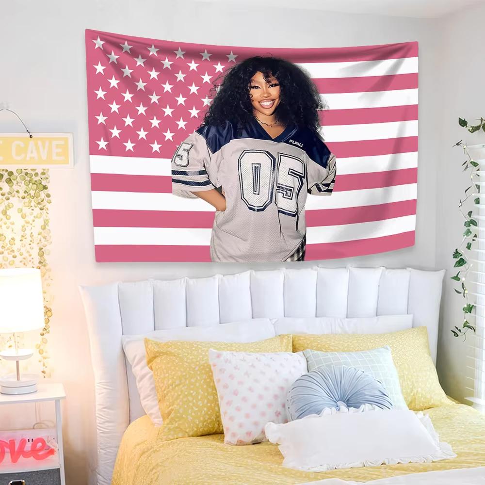 SZA American Flag Tapestry Modern Music Poster Wall Art Aesthetic Room Decor Meme Backdrop Cloth Flat Print