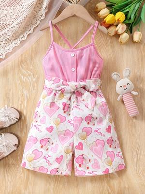 Girls' Little Doll Love Bear One-Piece Pants for Little Girls - Summer Style - Back Crossed Shoulder Straps - Tight Waist Design - One-Piece Pants