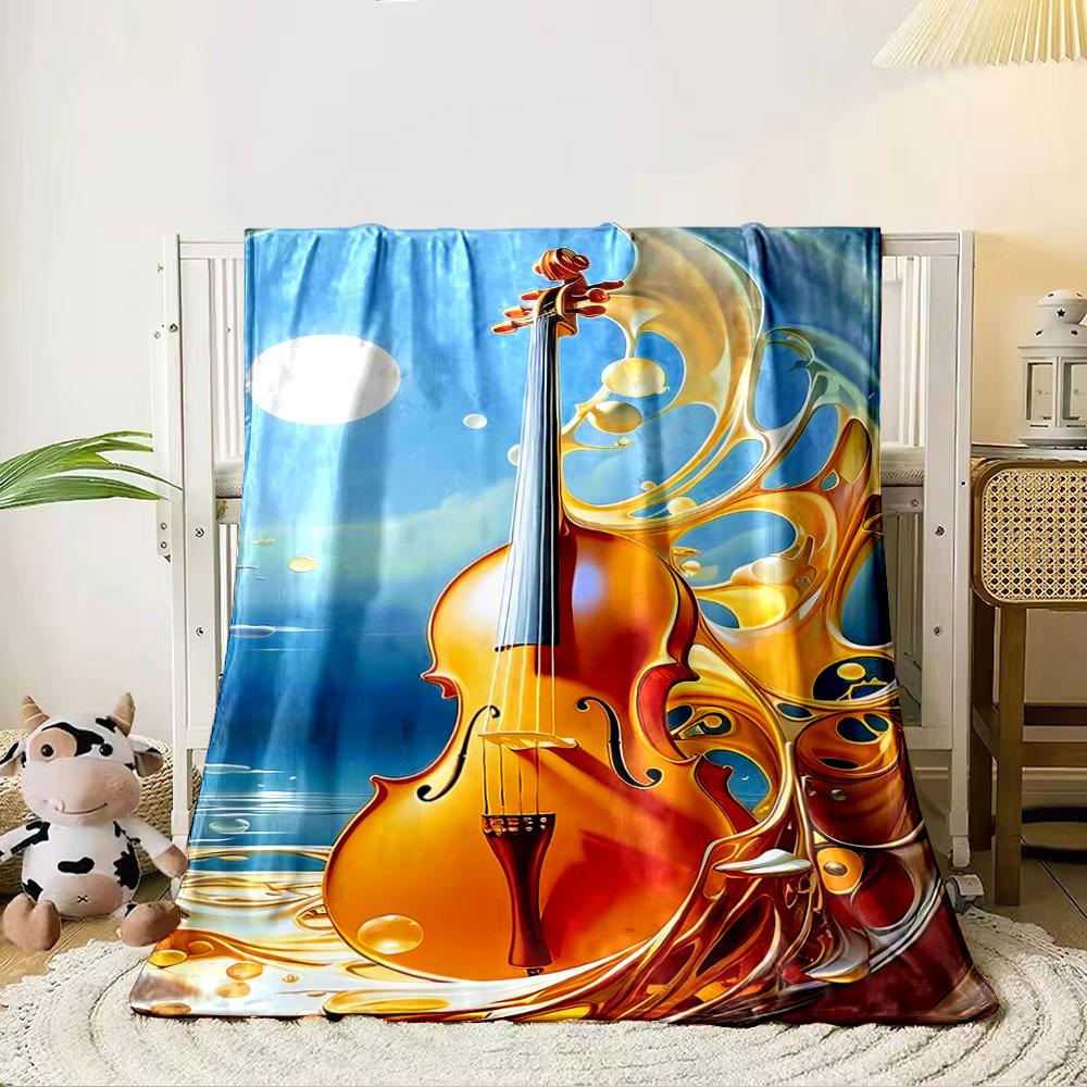 A violin surrounded by fluid golden swirls under a bright moonlit sky. for all seasons blanket lunch break throw gift 80cm x 120cm